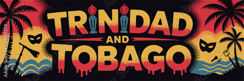 Vibrant Trinidad and Tobago Carnival Retro Poster with Palm Trees, Festival Masks, and Colorful Tropical Beach Background