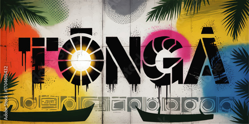 Vibrant Tonga Street Art Mural with Tropical Palm Leaves, Sunburst, Canoes, and Colorful Graffiti Wall Design