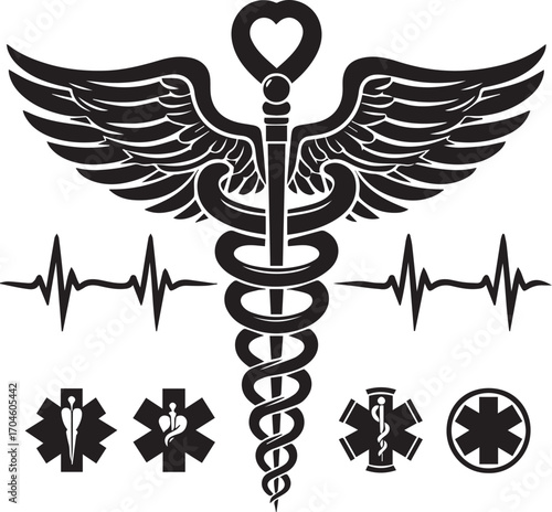 Caduceus medical symbol with wings and electrocardiogram lines on white background heartbeat