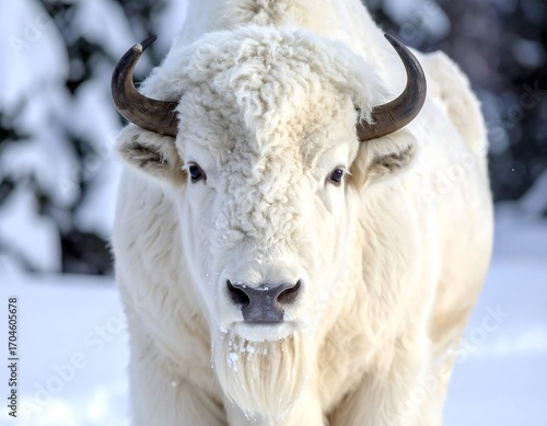 Close-up of a white bison in snowy landscape