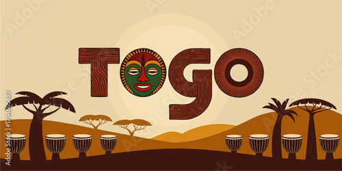 Togo African Landscape Illustration with Tribal Mask, Drums, Palm Trees, and Sunset – Ethnic Culture and Traditional Art Design