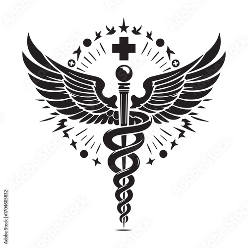 Caduceus Medical Symbol with Wings Stars and Cross on White Background healthcare medicine