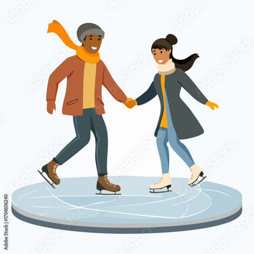 Black couple ice-skating vector illustration for romantic winter scenes