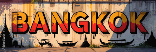 Vibrant Bangkok Street Art Graffiti Mural with Thai Culture Silhouettes, Tuk Tuk, and Boats on Urban Wall at Sunset