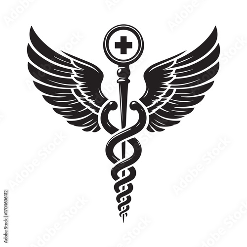 Classic Caduceus Medical Symbol with Wings and a Cross on a White Background healthcare medicine