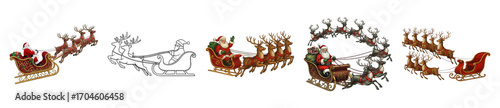 Santa Claus sleigh and reindeer set including detailed, line art, and various compositions isolated. Christmas holiday illustrations and winter graphics.