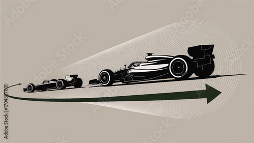 Dynamic Vector Illustration of Formula 1 Cars Racing with Motion Lines and Arrow on Minimalist Background for Motorsport Concepts