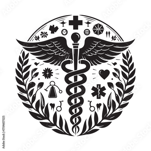 Medical Caduceus Symbol Surrounded by Healthcare Icons and Laurel Wreath in Black Silhouette medical symbol