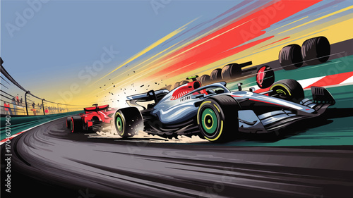 Dynamic Formula 1 Car Racing on Track at High Speed – Vibrant Vector Illustration of Motorsport Competition and Action Scene