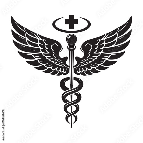 Simple Black Silhouette of the Caduceus Medical Symbol with Wings and Oval Cross Emblem healthcare