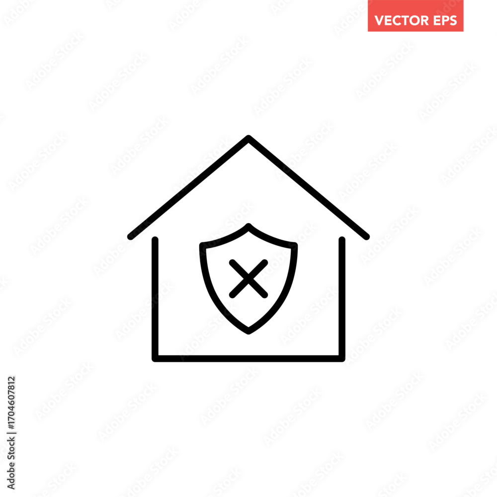 Fototapeta premium Black single house insecure line icon, simple house with cross mark flat design illustration vector pictogram, infographic interface element for app logo web button ui ux isolated on white background 