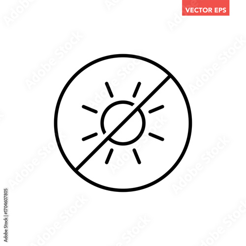 Black single UV exposure ban line icon. Simple no sun exposure warning sign flat design vector pictogram, infographic interface elements for app logo web button ui ux isolated on white background