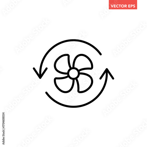 Black single Cooling fan line icon. Simple Propeller wind turbines with arrow cycle flat design pictogram vector for app ads web button ui interface elements isolated on white background