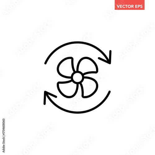Black single Cooling fan line icon. Simple Propeller wind turbines with arrow cycle flat design pictogram vector for app ads web button ui interface elements isolated on white background