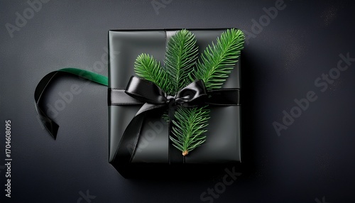 Chic Black Gift Wrap With Vibrant Green Fir And Stylish Black Ribbon Against A Dark Backdrop