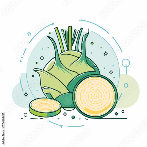 Stylized vector illustration of a whole and sliced kohlrabi. A fresh, raw vegetable icon perfect for healthy eating concepts and designs
