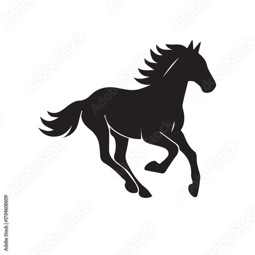 Vector drawing of a simple horse running silhouette, illustrated in monochrome with strong outlines, excellent for logos, decorative posters, or artistic creative graphics.