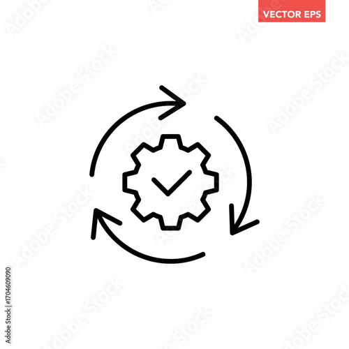 Black single round gear update confiremed line icon, simple cogwheel process flat design vector pictogram, infographic interface elements for app logo web button ui isolated on white background