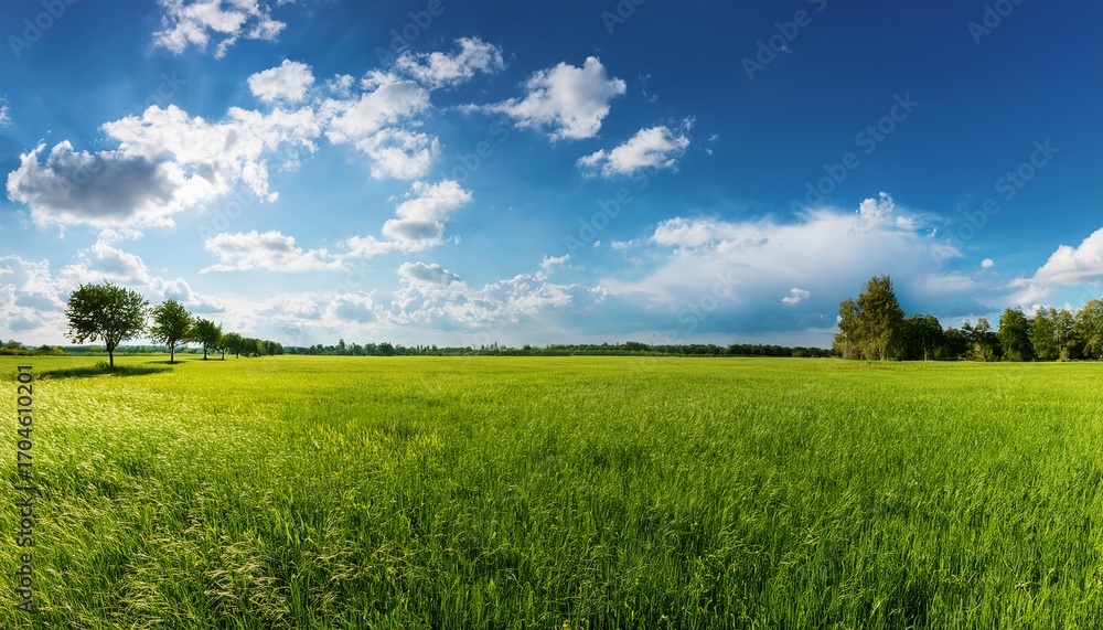 Obraz premium Beautiful Sunny Landscape With Fluffy Clouds And Vibrant Greenery During A Clear Day In An Open Field Generative Ai