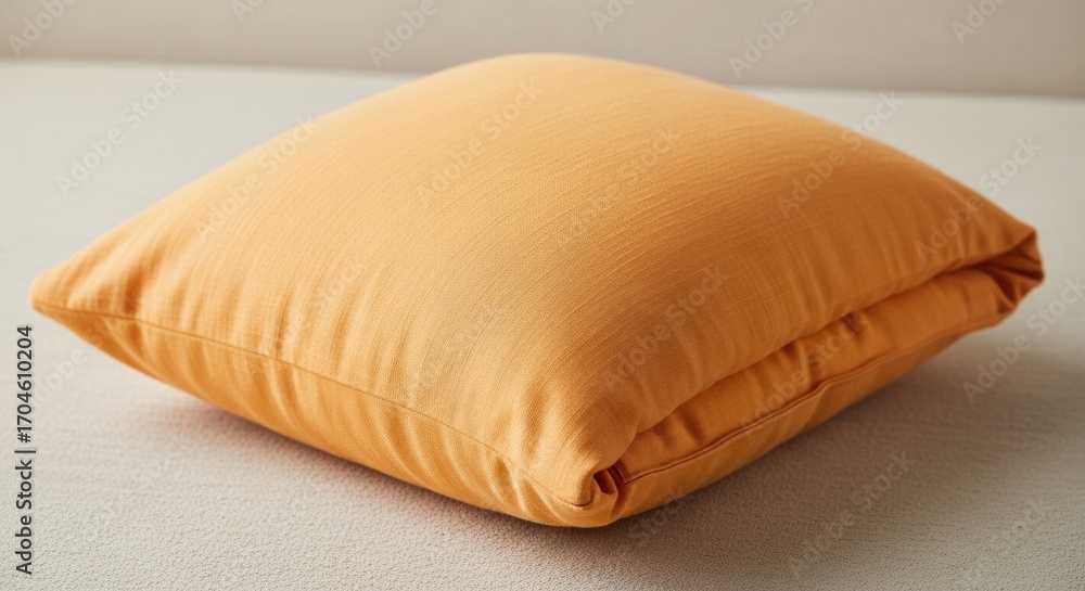 Fototapeta premium Soft orange pillow cushion with fabric texture on neutral background for home decor