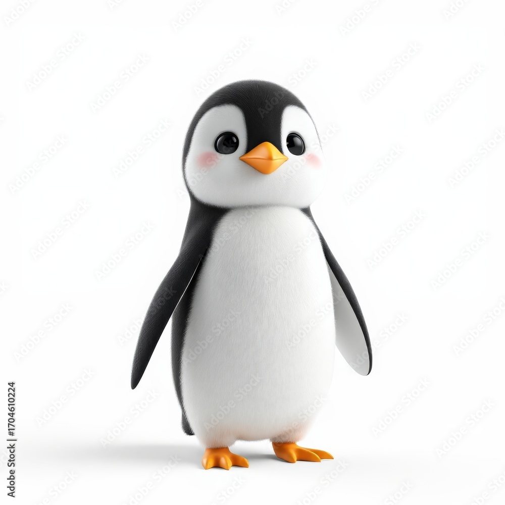 Obraz premium A delightful 3D rendered illustration features an adorable baby penguin with soft black and white feathers, rosy cheeks, bright eyes, and an orange beak, standing against a clean white background