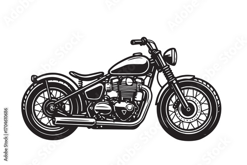 Black and white vector image of a bobber motorcycle, highlighted with bold outlines, ideal for creative artworks, signage, modern posters, or graphic decoration.