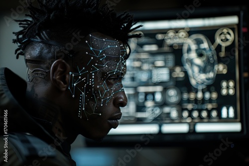Young African American man gazes seriously at computer screen in dark room. Glowing light patterns enhance futuristic mood.