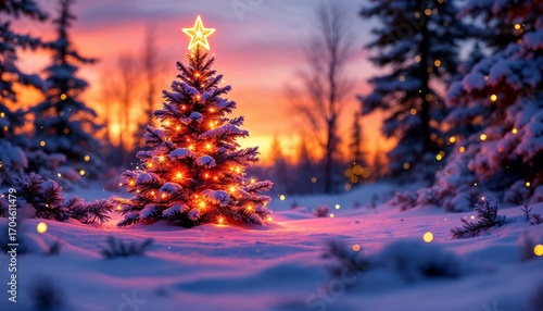 Enchanted Winter Solstice A Christmas Tree in a Snowy Forest at Sunset