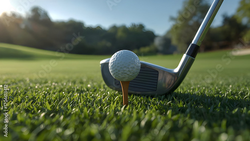 Close-up photo of a golf ball on a wooden tee with a driver club positioned to strike