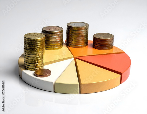 Stacks of coins sitting on a colorful 3D pie chart. A concept for financial planning, investment portfolio, budget allocation, and market analysis. Generative AI