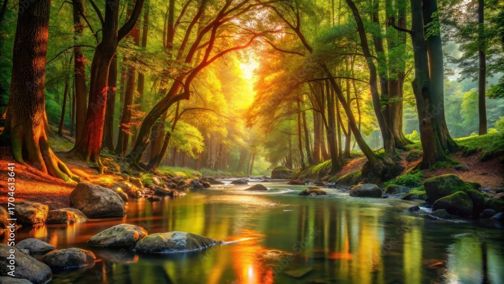 Obraz premium Golden Sunlight Filtering Through Ancient Trees Illuminating a Serene Forest Stream
