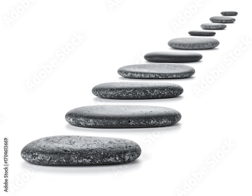 A path of gray stepping stones leading upwards on a white background. A concept for progress, career growth, strategy, and step-by-step development. Generative AI