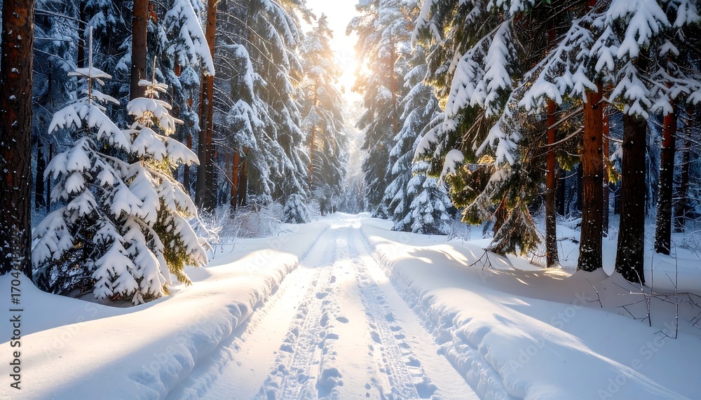 Obraz premium Snowy Path Through Winter Forest Landscape.