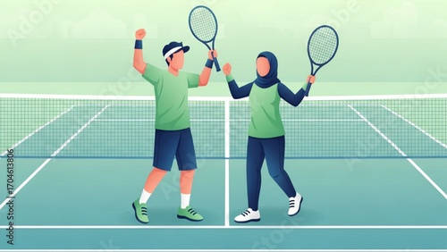Flat vector illustration in modern style with soft gradients, fresh green and blue tones, showing tennis players celebrating together after winning a point.