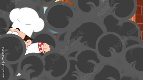 cartoon chef creates oven smoke disaster burnt food