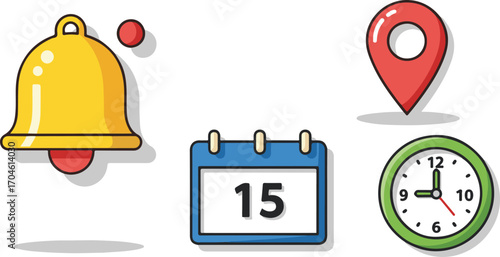 Notification Symbols Set: Bell, Calendar, Location, Clock