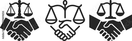 Three icons representing justice and agreement with scales and handshakes