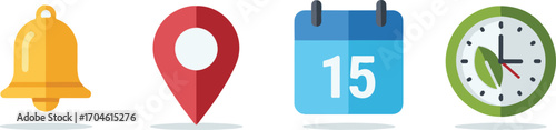 Notification Bell, Location Pin, Calendar, and Clock Icons