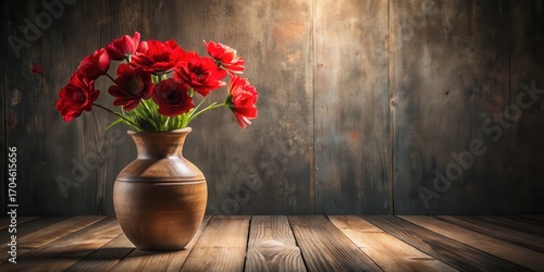Wallpaper Mural Rustic Still Life Featuring a Bouquet of Crimson Blooms in a Wooden Vase on a Weathered Wooden Surface Torontodigital.ca