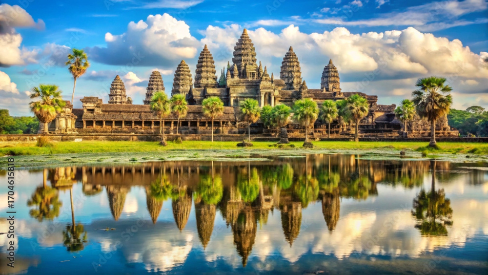 Fototapeta premium ancient temple reflected in water surrounded by lush greenery