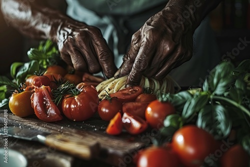 Older man focuses on preparing delicious pasta with fresh tomatoes and herbs in a warm kitchen. Inviting atmosphere enhances cooking experience.
