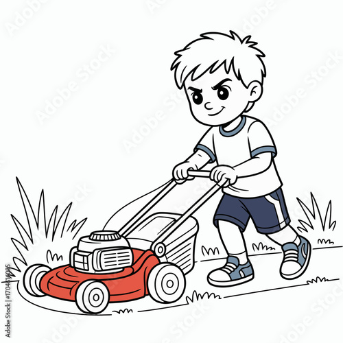 A young boy enjoys his time outdoors while mowing the grass with a red lawn mower, showcasing a fun and playful engagement with nature and chores.