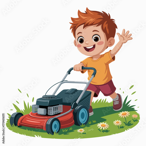 A cheerful young boy joyfully pushes a colorful lawn mower across a grassy yard dotted with flowers, showcasing the fun of outdoor chores and childhood energy.