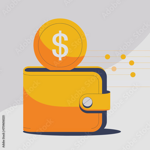 This image features a vibrant wallet with a dollar sign coin, representing financial management, savings, and the flow of money in a stylized, modern design.