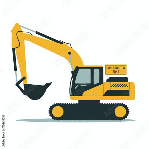 A highly detailed, realistic yellow excavator stands in a construction zone, showcasing heavy machinery and engineering in action, ideal for industrial projects.