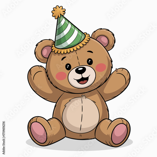This joyful cartoon bear sits with its arms raised in celebration, wearing a festive party hat. Perfect for festive greetings and children’s party themes. A charming character.