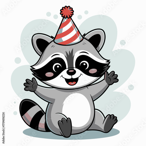 This delightful raccoon character, adorned with a vibrant party hat, brings a joyful essence to any celebration, making it perfect for cheerful imagery.