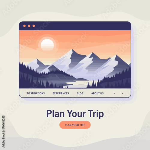 A visually appealing travel planning website interface featuring a stunning mountain landscape, inviting users to explore various travel destinations and experiences easily.