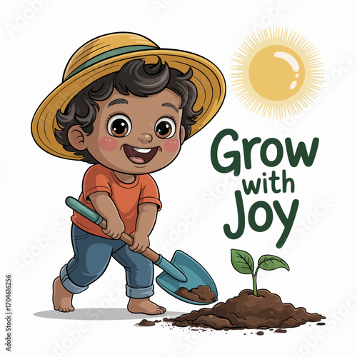 A joyful child smiles while using a spade to dig into the soil for planting, surrounded by the excitement and anticipation of growing plants and nature.