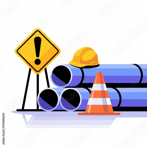 A visually engaging construction site packed with pipes, traffic cones, and warning signs, representing the dynamic nature of building and safety in modern urban planning.